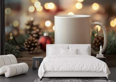 A white blank mug mockup with Christmas decorations and bokeh lights in the background Wall mural