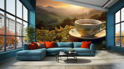 A white cup of tea on the wooden table with tea plantation background at beautiful sunrise Wall mural