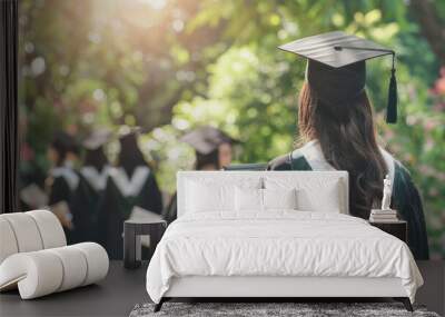 back view of student holding celebrating with diploma in her hand, happy on graduation day, congratulating students on graduation day Wall mural