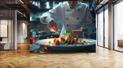 Close up of female chef decorating food in restaurant kitchen Wall mural