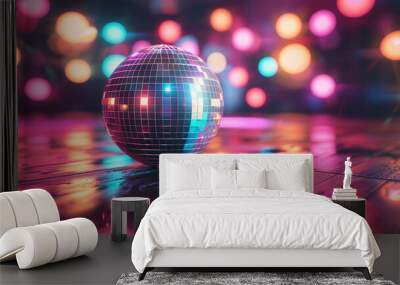 Colorful disco ball on dance floor with blurred lights background Wall mural