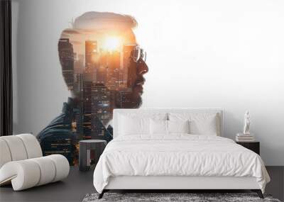 Double exposure of businessman and cityscape isolated on white background Wall mural