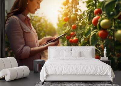 Female farmer hand using tablet phone inspecting red tomato agricultural garden with Modern technology agriculture concept Wall mural