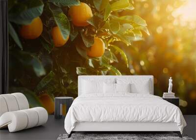 Fresh ripe oranges hanging on trees in orange garden Wall mural