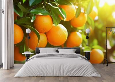 Fresh ripe oranges hanging on trees in orange garden Wall mural