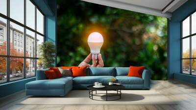 Hand holding a light bulbs on green blur backgroud, idea solar energy in nature. Wall mural