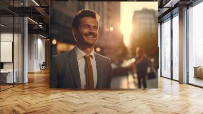 Happy businessman in city at sunrise Wall mural