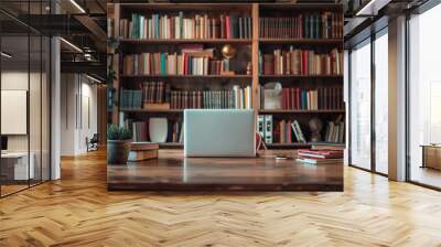 home office interior with laptop on desk and bookcase full of books in the background Wall mural