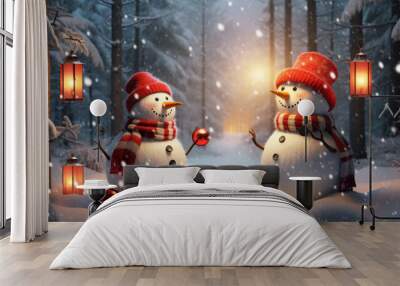 snowman with christmas presents in the snowy forest at night with holiday gifts Wall mural