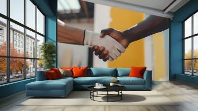 Two-man engineering team holding hands, reaching an agreement on house design colors Wall mural