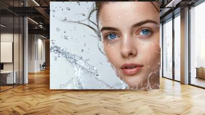 Young beautiful woman with clean fresh skin with splash of water on white background Wall mural