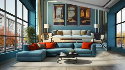 Embrace Japandi chic in this stock photo – a sunlit living room with a central couch, blending Japanese and Scandinavian aesthetics. Elevate your content with modern tranquility. Features 3 panel art Wall mural