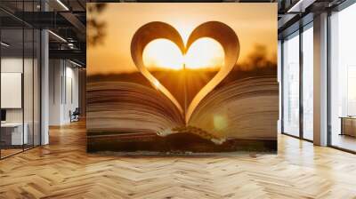 pages of an old  book with the shape of a heart  against the sunset. romantic background Wall mural