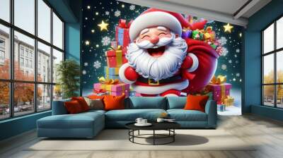 3D lachender Weihnachtsmann mit vielen Weihnachtsgeschenken Wall mural