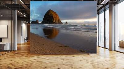 landscape of haystock rock in Cannon Beach Oregon Pacific Northwest at Sunset in Summer Wall mural