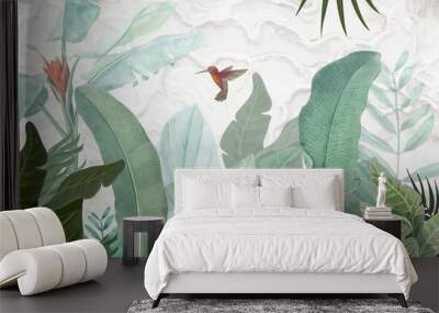 big banana leaves and hummingbird wallpaper design, marble pattern background, watercolor effect, mural art. Wall mural