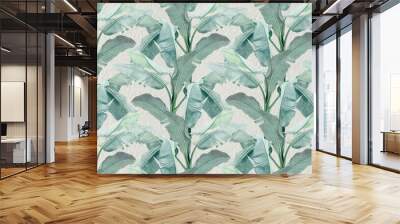 big banana tree leaves wallpaper design, repeating pattern, fresh color, blue monochrome, watercolor effects, background, mural art. Wall mural