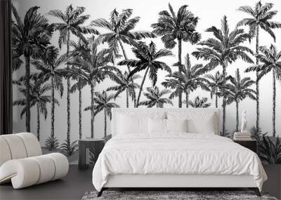 black and white palms wallpaper design, drawing, modern background, interior architecture, decor design, mural art. Wall mural