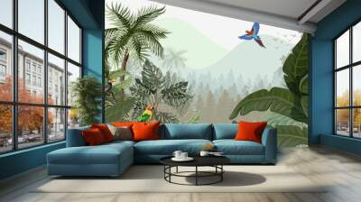 forest landscape wallpaper design, parrots and palm trees, big leaves, mountain scenery, mural art. Wall mural