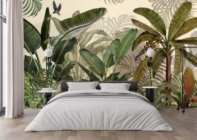 Tropical plants wallpaper design, Jungle background, big leaf and bird, back yard, landscape, mural art. Wall mural