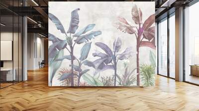 Tropical trees wallpaper design, banana leaf, landscape, pastel tones, mural art. Wall mural