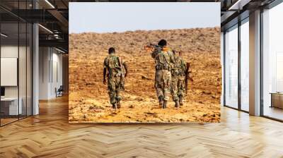 Back view of three Ethiopian soldiers walking in the wasteland Wall mural