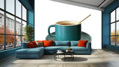 Cup of coffee with spoon. Green colour cup cut out Wall mural