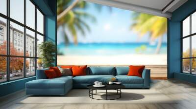 Empty wooden table on a beautiful blured tropical Wall mural