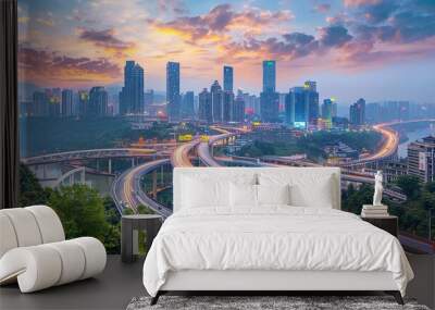 The expressway and the modern city skyline Wall mural