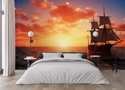 Vintage sailboat on the sea sunset background Wall mural