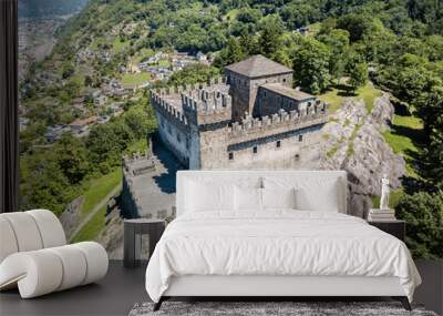 Aerial image of the medieval castle Castello Sasso Corbaro in the capital city of Canton Ticino, Bellinzona, Switzerland. Wall mural