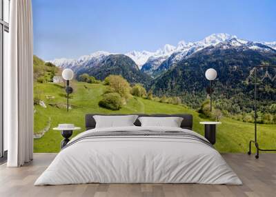 Swiss alps meadow at the beautiful village Soglio with the mountain range Sciora at the background Wall mural