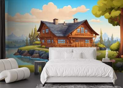 cartoon landscape with wooden home  Wall mural