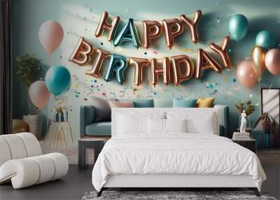 happy birthday with confetti and streamers in a living room Wall mural