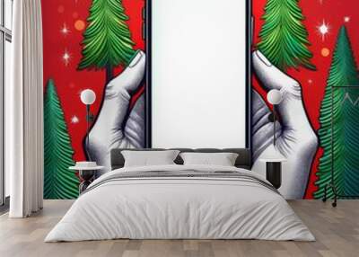 pop art new year concept with two hands with phone, empty screen and xmas tree Wall mural