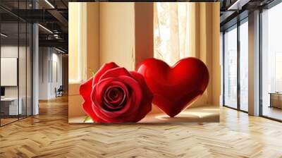 red rose and red heart with light of window  Wall mural