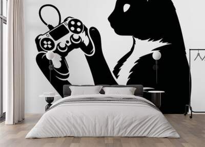 A cute angry domestic cat holding a video game controller plays video games while wearing headphones, Wall mural