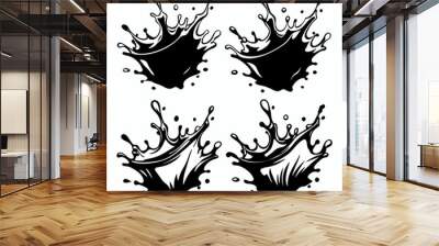 Set of water splashes or drops, black ink splatter, dirt stain spatter, spray, and boots silhouette. Natural black splash cascade vector.
 Wall mural