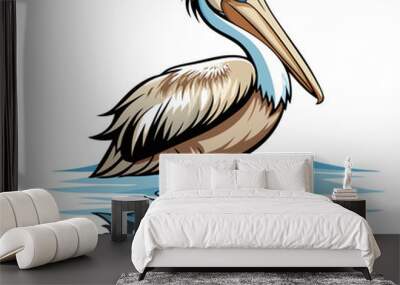 Vector illustration of a pelican standing in shallow water. Watercolor painting of a pelican clipart and icon. Wall mural