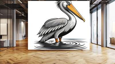 Vector illustration of a pelican standing in shallow water. Watercolor painting of a pelican clipart and icon. Wall mural