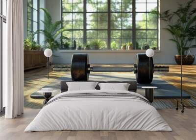 A barbell rests on a mat in a sunlit, plant-filled room. Wall mural