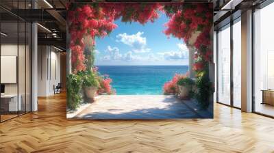 A beautiful terrace adorned with vibrant flowers overlooking the ocean. Wall mural