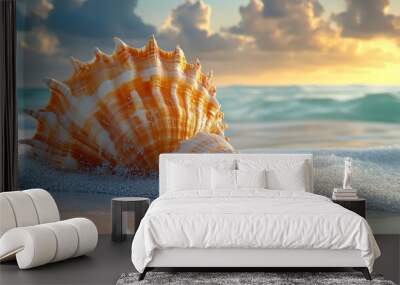 A beautifully detailed seashell resting on a sandy beach at sunset. Wall mural