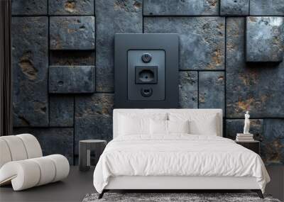 A black electrical outlet on a textured stone wall. Wall mural