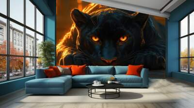 A close-up of a black panther with glowing orange eyes. Wall mural