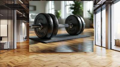 A dumbbell resting on a mat in a bright, modern room. Wall mural