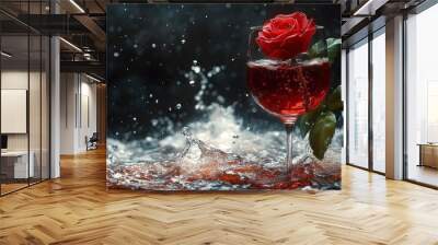 A glass of red drink with a rose amidst splashing water. Wall mural