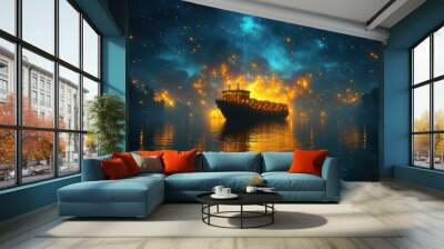 A glowing ship amidst a starry night sky and reflective waters. Wall mural