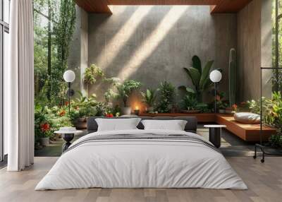 A serene indoor garden with lush plants and natural light. Wall mural