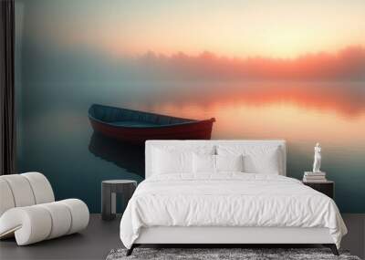 A serene red boat floating on a misty lake at sunrise. Wall mural